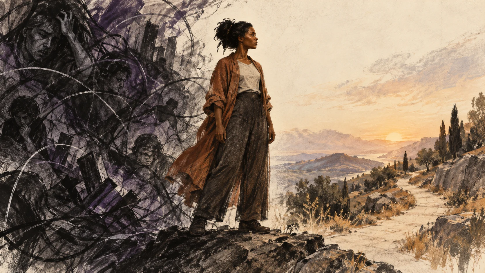 A woman pauses between a field of turmoil and an open sunlit path