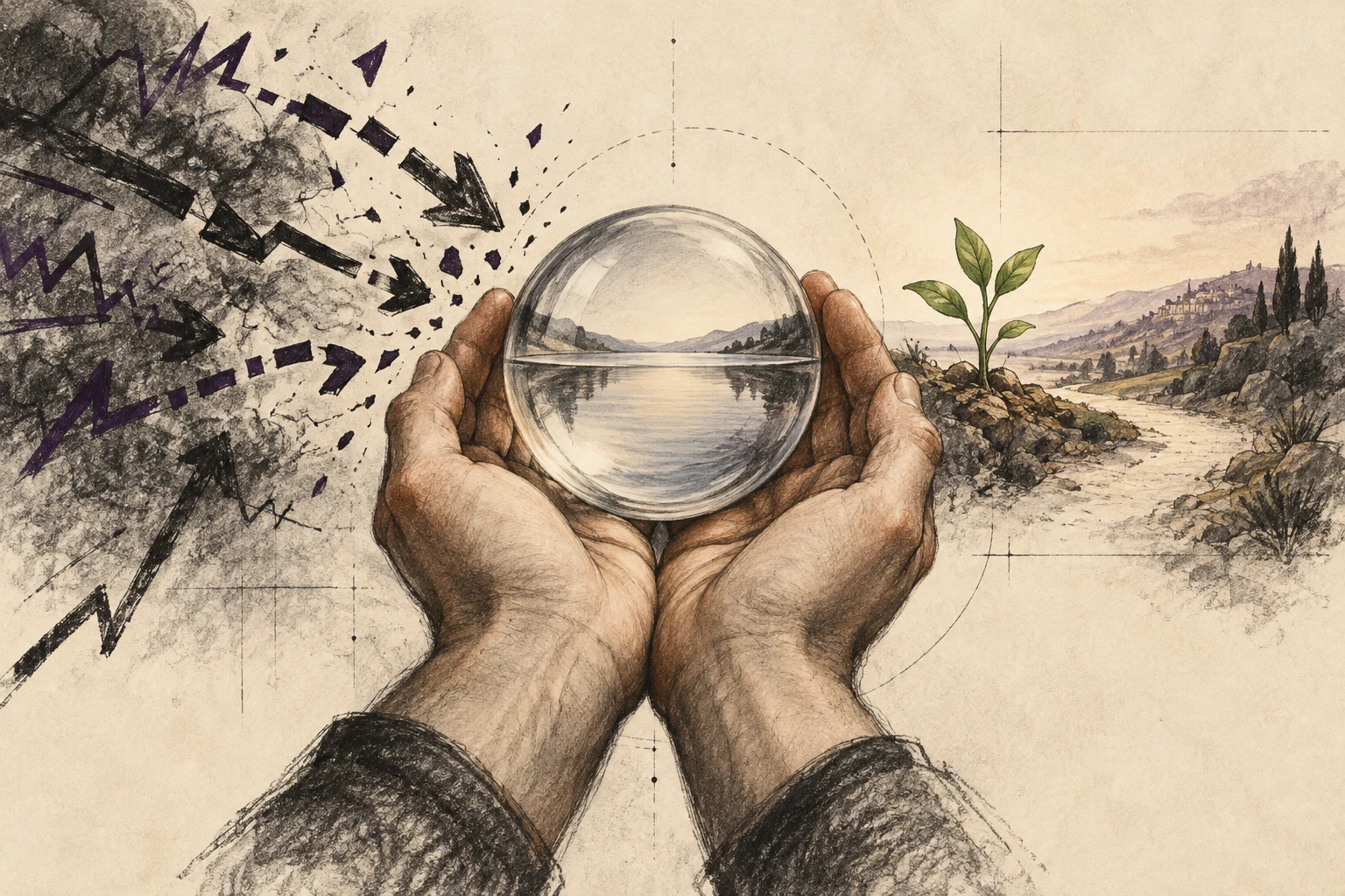 Open hands hold a clear still sphere between anxious marks and a growing plant